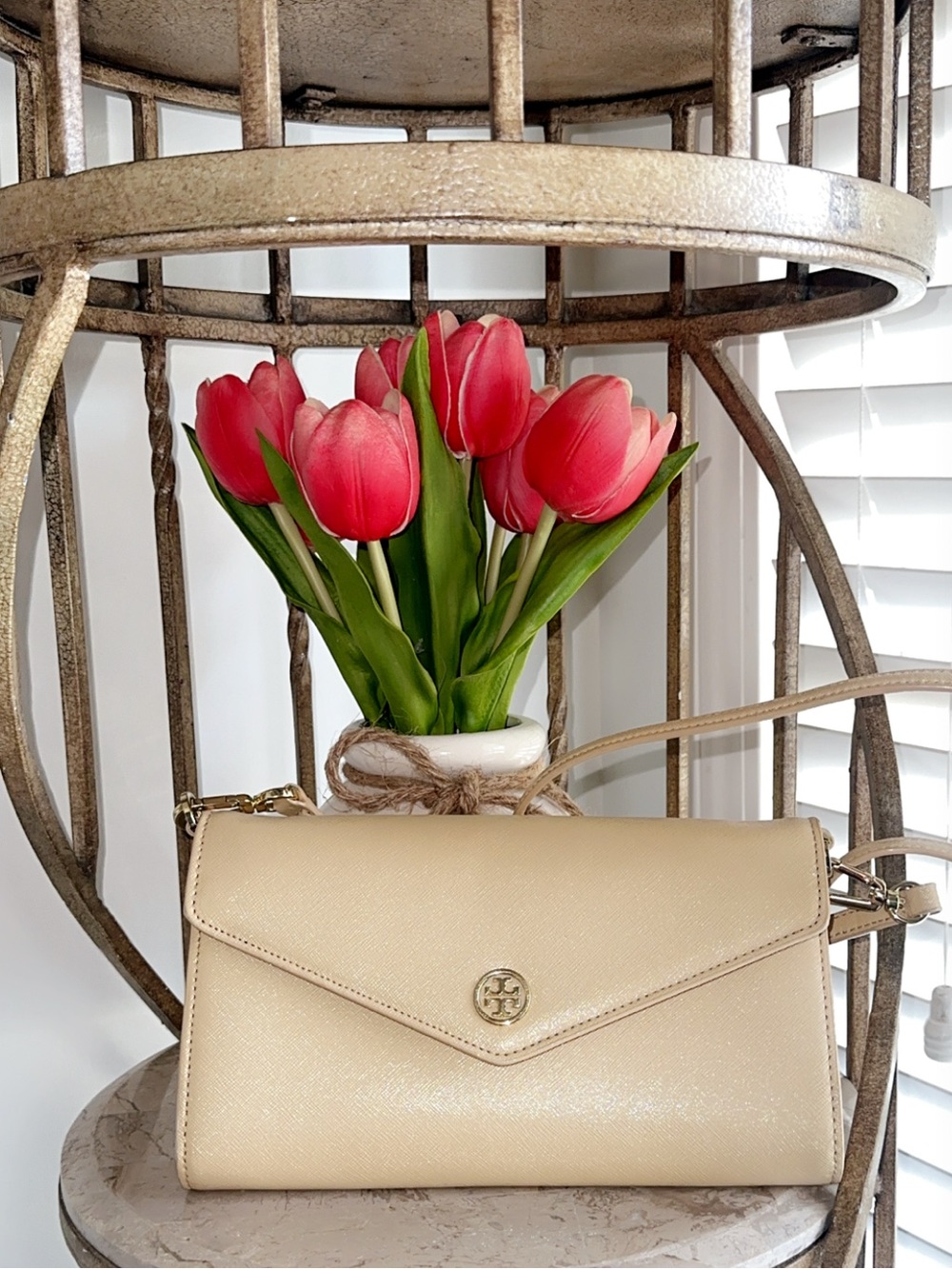Tory Burch Beige Envelope Crossbody with Gold Logo